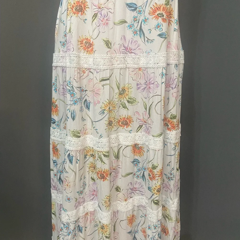 CROWN & IVY Long Maxi Floral Sundress Dress Milkmaid Tiered Lace Smocked XL - Picture 6 of 17